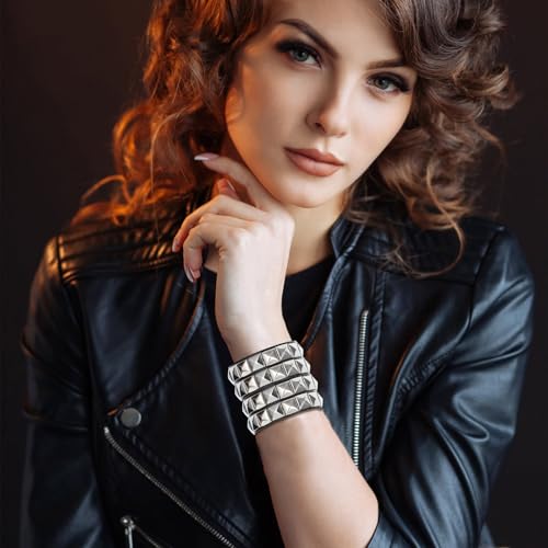 3 PCS Punk Rock Studded Bracelets Set, Spiked Studded Bracelet Cuff 80s Emo Goth Jewelry Accessories Wristband Adjustable4