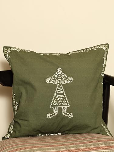 Image of Sacred Geometry Olive Rajasthani Mandana Series Cushion Cover for Sofa, Living Room & Bedroom | Ethnic Printed Decorative Square Pillow Cover