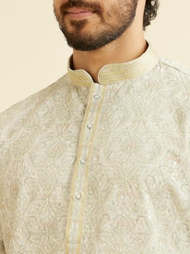 Image of Manyavar Men's Cotton Blend Floral Print & Chikankari Kurta Set (2pcs)