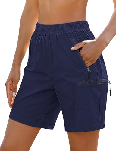 luvamia Hiking Shorts Women Women's Cargo Active Shorts Navy Blue Loose Short 7 Inch Inseam Womens Pull On Elastic Waist Lightweight Quick Dry Hiking Short Navy Blue Size Medium Fits US 8-10