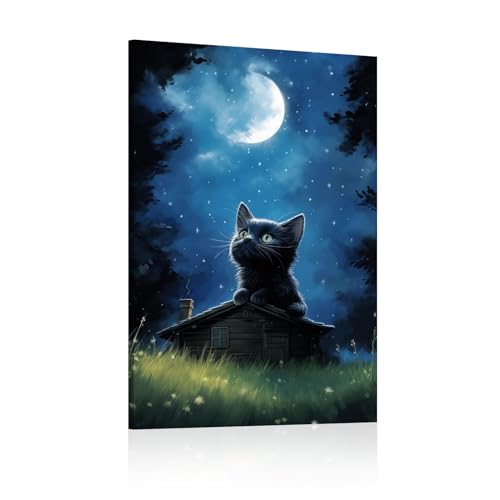 Tableau chat noir la nuit étoilée impression toile haut de gamme 60x90