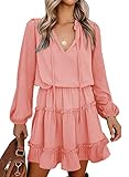 BTFBM Women Casual Summer Fall Dresses Tie V Neck Long Sleeve High Waist Ruffle Tiered A Line Swing Tunic Mini Dress(Dot Pink, Medium)