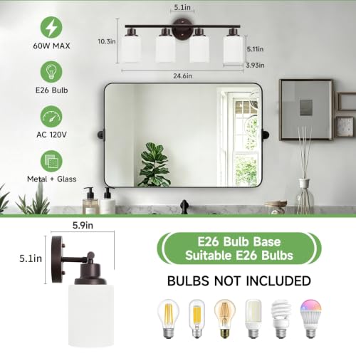 Image of 4-Light Bathroom Light Fixtures, Vanity Lights for Mirror with Textured Milky White Glass Shade, Modern Kitchen Light Fixtures Wall Sconce Light - E26 Base - Oil-Rubbed Bronze