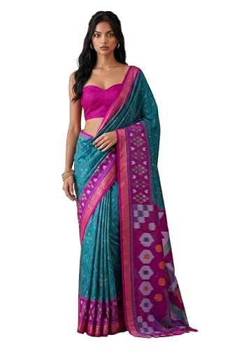 Threadbox Sea Green Violet Pochampalli Silk Saree with Ikat Woven Pallu & Unstitched Blouse