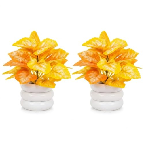 Image of Artificial Mini Potted Plant with Premium White Ceramic Style Pot - Vibrant Orange-Yellow Faux Desk Plant for Home Decor, Office Table, Living Room & Study Room Aesthetic, Washable & Zero Maintenance