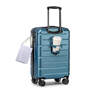 Carry On Luggage with Cup Holder,Lightweight PC+ABS Hardside Carry On Suitcase with Double Spinner Wheels Built-in TSA Lock,Light Blue