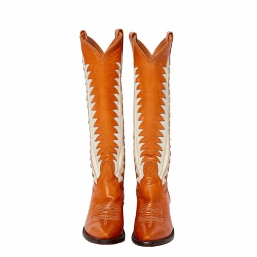 Embroidered Cowboy Boots for Women Almond Round Toe Chunky Heel Cowgirl Boots Pull On Knee High Boots with Foliage Inlay Boots2