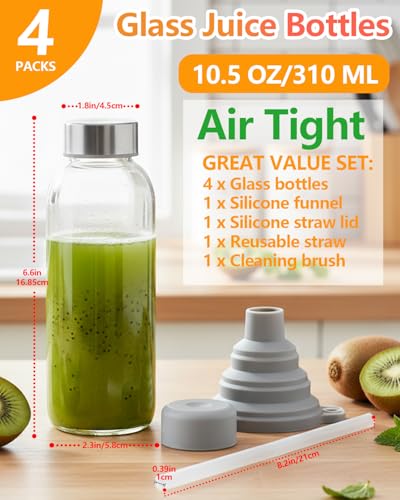 Image of Zukro 10.5oz Glass Juice & Water Bottles with Stainless Steel Lids 4 Pack | Leak Proof Reusable Small Clear Drinking Bottle With Straw for Juicing, Smoothie, Dishwasher & Fridge Safe, BPA Free