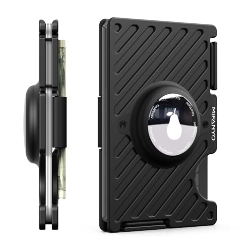 Mens Wallet with Airtag Holder(Not Included Air Tag), Slim Rfid Blocking Metal Wallets with Money Strap, Minimalist Front Pocket Aluminum Card Holder, Black, LKA-01