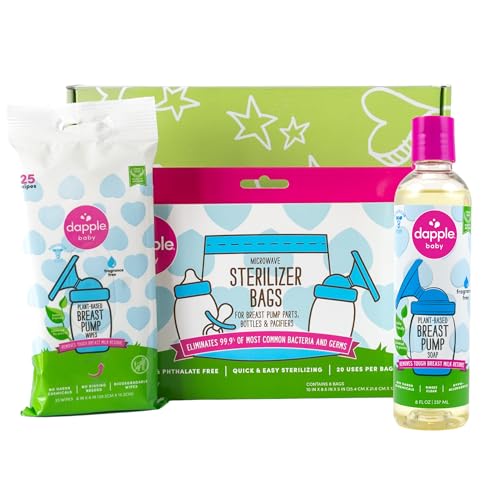 Dapple Breast Pump Cleaning Essentials Gift Set, Powered by Plants, Hypoallergenic, Removes Milk Residue, Includes 25ct Wipes, 8oz Soap, 8ct Sterilizer Bags