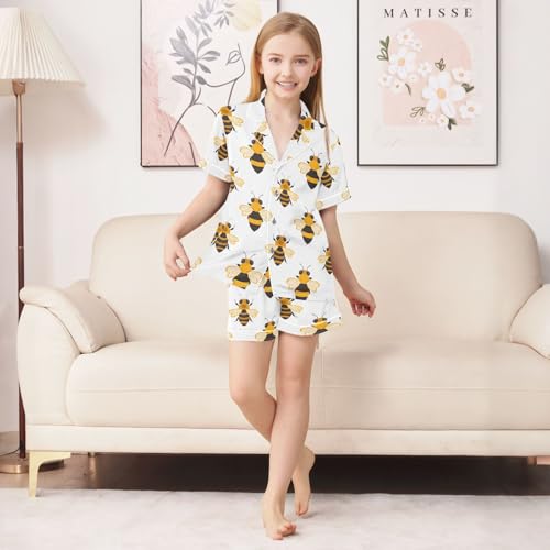 ALAZA Yellow Black Bee Satin Pajamas Set Short Sleeve Button Down Sleepwear Summer Pjs 2 Piece3