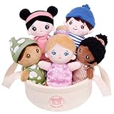 OUOZZZ Soft Baby Dolls – Set of 5 Multicultural 8.8″ Plush Dolls in Basket | Diversity Ethnic Snuggle Toys for Toddlers, Preschool, Daycare & Home