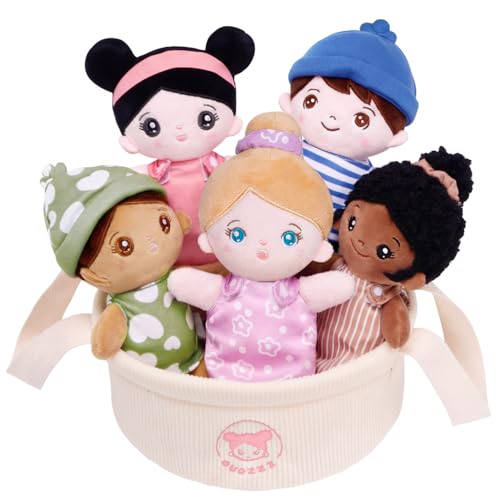 OUOZZZ Soft Baby Dolls – Set of 5 Multicultural 8.8″ Plush Dolls in Basket | Diversity Ethnic Snuggle Toys for Toddlers, Preschool, Daycare & Home