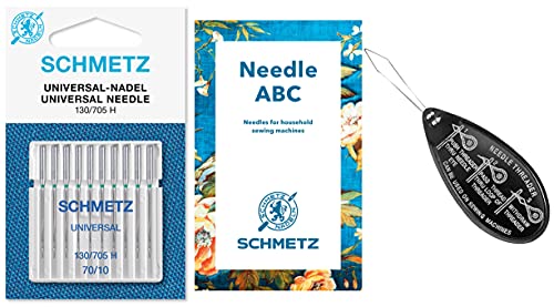 Schmetz Lot de 10 aiguilles universelles pour machine à coudre 130/705 H, taille : 70/10 + grand enfile-aiguille et guide d'aiguilles Schmetz - Compatible avec Brother, Singer, Janome, etc. Machines Cover