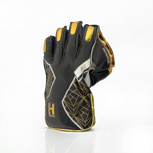 Image of Heega Intense Black PU Leather Cricket Wicket Keeping Gloves Suitable for Professional Players | Durable Construction, Superior Grip, High-Density Finger Protection (Men)