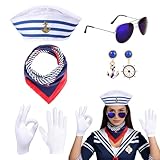 RAOPNHS Matrosenmütze Blau Weiß Gestreift - Matrosen Kostüm Damen Zubehör Set mit Halstuch & Accessoires für Karneval Fasching Mottoparty Marine Seemannsmütze Kapitänin Outfit Verkleidung
