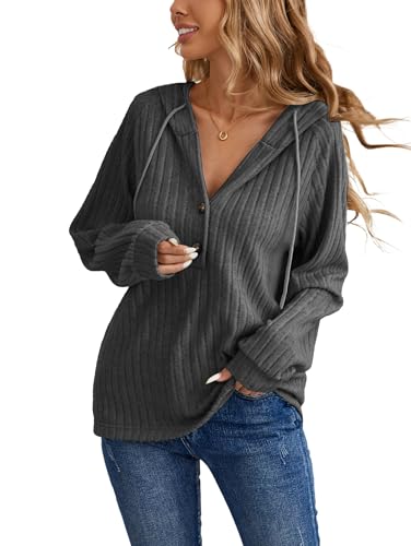 iChunhua Grey Hoodies for Women UK Basic V Neck Long Sleeve Hooded Top With Buttons Slouch Ladies Sweatshirts and Hoodies Dark Grey M