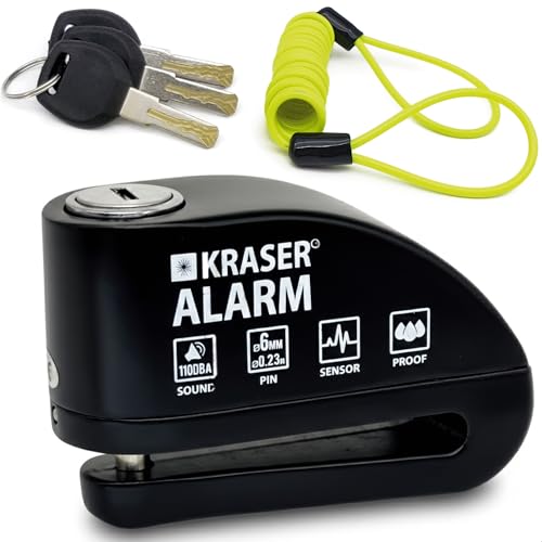 KRASER 6Y Candado Moto con Alarma 110dB, Antirrobo Disco Reforzado, 3 Llaves (Otros 2) Alta Seguridad, Impermeable, Accesorios Cable Bolsa Pilas, Pinza Cepo Bloqueo 6mm Universal Scooter Bicicleta