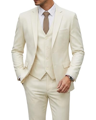 Image of YND Men's 3 Piece Suit with Tie, Solid Color Slim Fit Jacket Vest and Pants