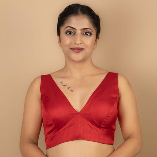 figure39s designer women39s dupion raw silk sleeveless v neck sabyasachi cut readymade saree blouse padded stitched s4