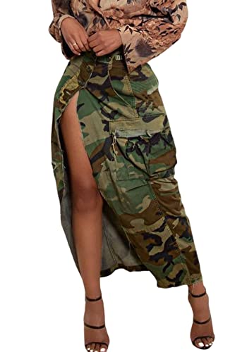 Cargo Skirt Women Camouflage Maxi Skirts Button High Waist Front Split Loose Casual Y2K Long Skirt With Pockets #TOP5