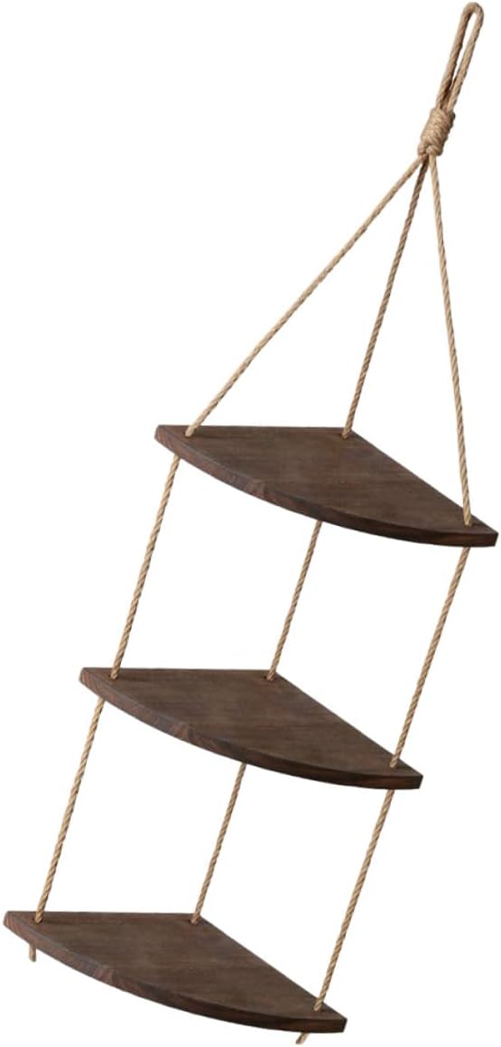 Vintage Fan-Shaped Wooden Wall Corner Storage Shelf with Thickened Rope Hanging Rustic Flowerpot and Decor Organizer for Bedroom Living Office