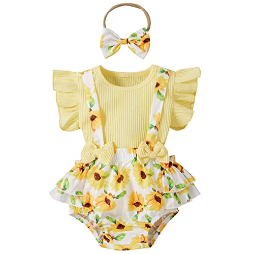 Image of Mubineo Baby Girl Summer Clothes Outfits Sleeveless Lace Floral Romper Dress Newborn Outfit (Zfm Yellow Sunflower, 3-6 Months)
