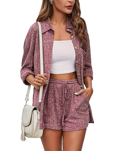 Image of Aranmei Women’s 2 Piece Lounge Sets Pajama Set Ribbed Knit Long Sleeve Button Down Shirts and Shorts Outfit Loungewear