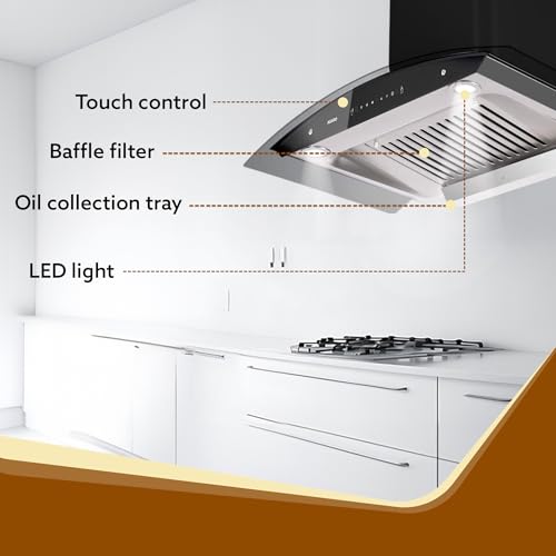 Image of AGARO Grand Kitchen Chimney 90 cm 1200 m3 /hr Auto-Clean curved glass Kitchen Hood, SS Baffle Filter, Touch and Motion Sensor Control and Digital Display, Black