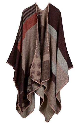Epsion Femmes Couleur Bloc Châle Wrap Plus La Taille Cardigan Poncho Cape Ouvert Avant Long Hiver Manteau - - Taille Unique