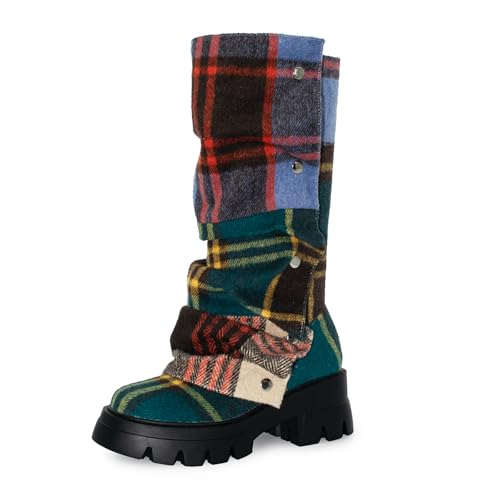 RKQ Women's Wide Calf Platform Slouchy Fold Over Combat Mid-Calf Block Heel Detachable Pull-On Panel Shark Boots, Plaid, 11