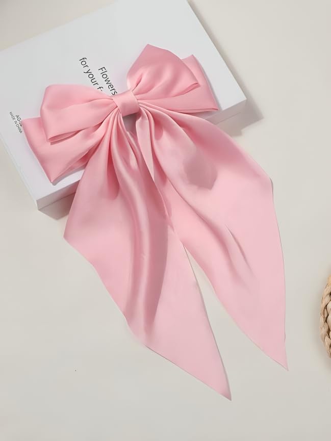 Image of FilterFashion Big Satin Layered Hair Bows for Women Girls 11.5 Inch Barrette Hair Clip Long Back Ribbon Bows French Style Hair Accessories (Gold,BabyPink)