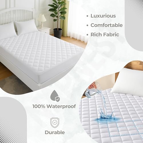 Image of TCD Waterproof Cotton Quilted - Breathable, Hypoallergenic, Noiseless Ultra Soft Fitted Bed Cover with 3 Layers of Protection, 100% Waterproof, No-Slip Design | White, Super King (72 * 84)