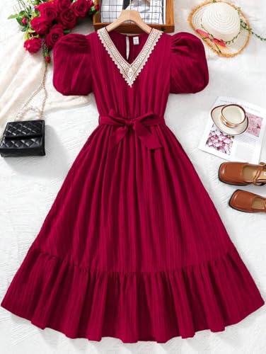 Image of Niren Enterprise Baby Girl's Solid Print Cotton Blend Frock Dress with Half Sleeve Calf Length V- Neck and Elastic Closure Type