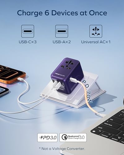 Image of MOMAX Universal Plug Adapter 70W GaN, Travel Adapter for Vision Pro USB 2A 2C, Adapter for International France to USA Canada UK Australia China Japan