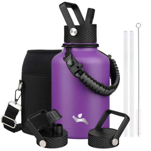 Image of Konokyo Insulated Water Bottle with Straw,50 oz 3 Lids Water Jug with Carrying Bag,Paracord Handle,Double Wall Vacuum Stainless Steel Metal Flask,Purple