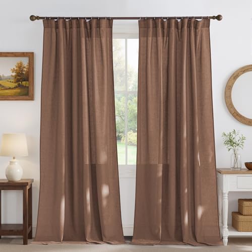 NICETOWN Thick Linen Semi Sheer Gold Brown Curtains for Famhouse, Pleat Tape Semi Sheer Drapes Privacy Added with Light Filtering Window Treatments fo