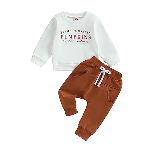 Image of BOIBOKOKO Baby Boy Halloween Outfit Pumpkins Long Sleeve Sweatshirt Top Ghost Flower Pants 2PCS Fall Winter Clothe Set (White, 0-6 Months)