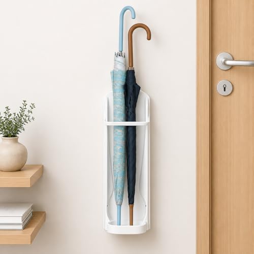 Image of Wall Mounted Umbrella Holder for Home & Office Space Saving Umbrella Storage Rack with Water Drip Tray, Self Adhesive Umbrella Organizer for Entryway, Hallway & Door