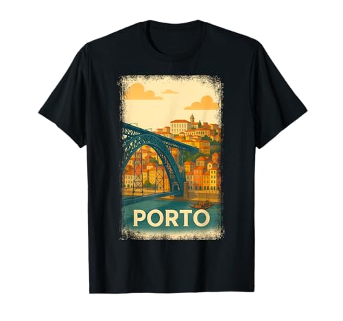 Porto Portugal Vintage Viaje Póster Puente Río Paisaje Urbano Camiseta