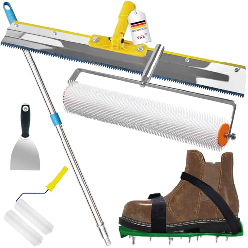 VKE kit de ferramentas de automonvelação de cimento, rolo de palhetas automático de 11 mm, sapatos com espetos para relva 30 mm, raspador de aço inoxidável, vara telescópica limpeza 162 cm