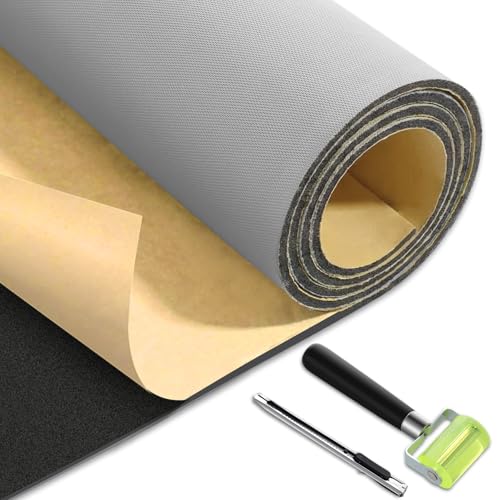 Datanly Self-Adhesive Auto Headliner Fabric 36 x 60 Inch Mesh Headliner Replacement with Foam Backing Auto Roof Replacement Material with Roller and Knife for Car Truck SUV Rv Roof DIY(Light Gray)