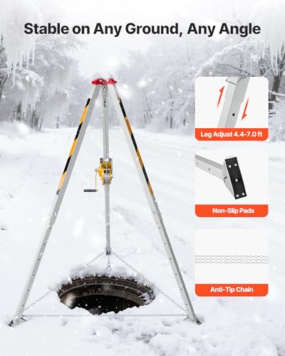Image of VEVOR Confined Space Tripod Kit, Heavy Duty Rescue Tripod Lifting Hoist 1200 lbs Winch, 4.1 ft Adjustable Legs, 98.5 ft Cable Portable Kit, 32.8 ft Fall Protection, 4.40-7.05 ft Working Height