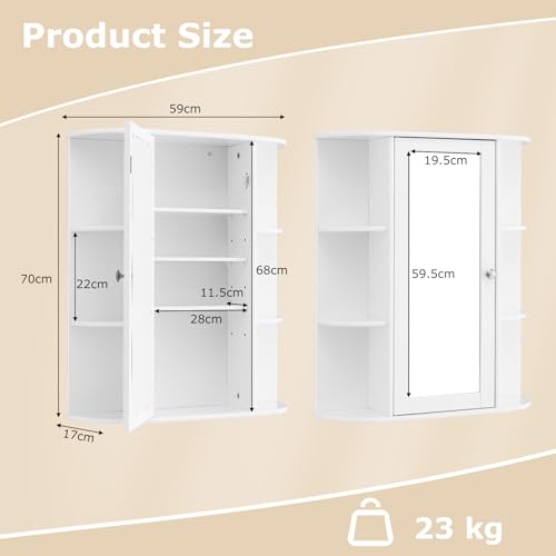 GIANTEX Armario de Baño de Pared, Armario Colgante con 6 Compartimentos Abiertos, Puerta con Espejo y Estante Ajustable, 60 x 16,5 x 71 cm, Gabinete de Pared para Entrada, Baño (Blanco) - imagen 3
