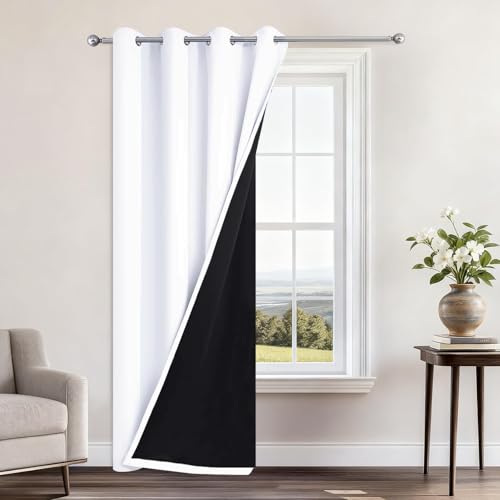 Image of Yakamok Pure White 100% Blackout Curtains 84 Inches Long 52 inch Wide 1 Panel | Blackout Curtain Panels for Bedroom, 2 Thick Layers Grommet Top Thermal Insulated Drapes with Black Liner for Living Room