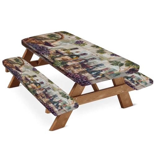 Tablerazzi Vintage Glasses of Red and White Wine Picnic Table Cover with Bench Covers, Fitted Camping Tablecloth with Elastic Edges, Outdoor Waterproof Rectangle Table Cloth, 72x30 Inch 3 Pcs Set