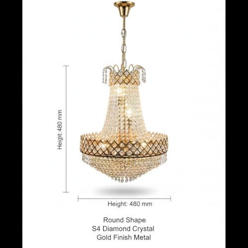 Image of DREAMY DESIGNS Round Shape Italian Golden Chandelier for Living Room with S4 Diamond Cut White Crystal | Celling Hanging Big Size Jhumar for Hall, Office & Resort | Included E14 8 Bulb(48 * 48 * 98)