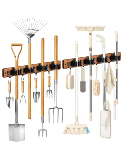 Lorbro 2 Pack Broom Holder Wall Mount, Wooden Rack with 4 Slot & 4 Hook | Broom and Mop Organizer Wall Hanging, Tool Organizer for Laundry Room, Closet, Garage, Kitchen