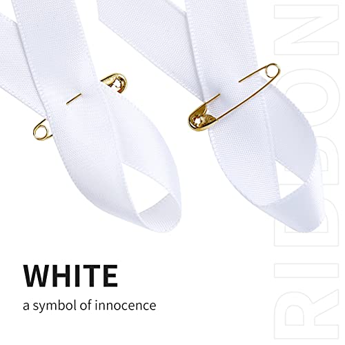 Image of 200 Pieces White Satin Awareness Ribbons with Safety Pins 1.4 x 3 inch