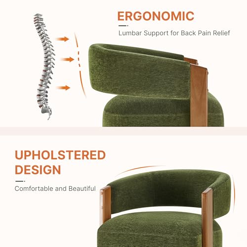 Image of KISLOT Upholstered Dining Chairs with Casters, Modern Barrel Side Armchair with Rollers & Wooden Armrest for Dining Room, Bedroom, Kitchen, Reading Room, Green, Set of 2